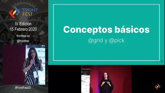 Sonia Ruiz on stage at Front Fest 2020, next to a slide reading Conceptos básicos: @grid y @pick